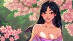  1girl black_eyes black_hair breasts chinese_clothes cleavage collarbone disney fa_mulan_(disney) flower highres large_breasts long_hair looking_at_viewer mulan negative_space off_shoulder outdoors parted_lips pixel_art solo yumykon 