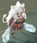  1girl ahoge animal_ear_fluff animal_ears armor blush breasts brown_armor brown_footwear closed_mouth club_(weapon) commentary_request dual_wielding faulds full_body grass grey_eyes hair_ornament highres holding ice japanese_armor kemono_friends kote large_breasts lets0020 lion_ears lion_girl lion_tail long_hair looking_afar medium_bangs numbered orange_skirt orange_socks shin_guards shirt shoes skirt smile socks solo tail tassel tassel_hair_ornament very_long_hair weapon white_hair white_lion_(kemono_friends) white_shirt 