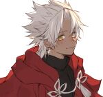  1boy amakusa_shirou_(fate) bangs blush cape closed_mouth dark-skinned_male dark_skin earrings fate/apocrypha fate/grand_order fate_(series) highres jewelry looking_at_viewer male_focus parted_bangs priest red_cape short_hair simple_background smile solo spiked_hair tassel tofu_(bean359) upper_body white_background white_hair yellow_eyes 