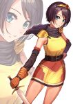  1girl absurdres belt black_hair blue_eyes capelet character_request commentary_request copyright_request crown elbow_gloves gloves gurugurere highres holding holding_sword holding_weapon looking_at_viewer short_hair smile sword weapon yellow_tunic 