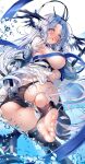  1girl absurdres alsace_(azur_lane) ass azur_lane bare_shoulders black_panties black_thighhighs blue_eyes blue_hair blush breast_ribbon breast_strap breastless_clothes breasts commentary english_commentary gauntlets halo halo_behind_head heaven&#039;s_melody highres large_breasts light_blue_hair long_hair looking_at_viewer nose_blush open_mouth panties skirt skirt_hold solo thighhighs thighs tiara toes torn_clothes torn_thighhighs underwear very_long_hair water white_panties white_skirt 