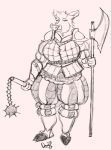  2023 anthro armor axe belt black_and_white clothing cloven_hooves digital_drawing_(artwork) digital_media_(artwork) eyelashes female flail front_view full-length_portrait fully_clothed_anthro fully_clothed_female gloves handwear hi_res holding_object holding_weapon hooves looking_at_viewer mammal mcdoogiy melee_weapon monochrome myrtle_(mcdoogle) pig_nose plantigrade portrait shoulder_pads signature simple_background sketch snout solo standing suid suina sus_(pig) tusks weapon white_background wild_boar 