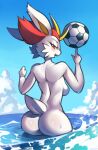  absurd_res anthro ball beach big_butt blush bodily_fluids breasts butt cinderace drops female fingers fur generation_8_pokemon hare hi_res lagomorph leporid looking_at_viewer looking_back looking_back_at_viewer mammal nintendo nude partially_submerged pokemon pokemon_(species) rabbit rear_view reflection sea soccer soccer_ball solo sport summer sun sunny sweat tail water water_drop wave white_body white_fur yarney 