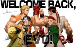  2022 2boys 2girls baseball_cap beret black_hair blonde_hair braid breasts cammy_white capcom capcom_vs_snk clenched_hand clenched_hands closed_mouth commentary crossover dougi english_commentary english_text evolution_championship_series faceoff fingerless_gloves fist_bump gloves green_leotard hat headband highres isla_(kof) jacket leotard long_hair long_sleeves looking_at_another mask medium_breasts mori_toshiaki multicolored_hair multiple_boys multiple_girls muscular muscular_male official_art red_gloves red_headband respirator ryou_sakazaki ryu_(street_fighter) ryuuko_no_ken scar scar_on_cheek scar_on_face second-party_source short_hair signature smile snk spiked_hair standing street_fighter the_king_of_fighters the_king_of_fighters_xv vambraces wristband yellow_jacket 