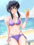  1girl bikini black_hair cup earrings fire_emblem fire_emblem:_genealogy_of_the_holy_war fire_emblem_heroes highres holding holding_cup jewelry kyata_game larcei_(fire_emblem) looking_at_viewer ocean purple_eyes short_hair simple_background stomach swimsuit thighs tomboy tropical_drink 