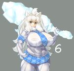  1girl :3 animal_ear_fluff animal_ears blue_necktie blue_skirt blush breasts closed_mouth commentary_request cowboy_shot elbow_gloves fur_collar gloves grey_background grey_eyes highres huge_breasts ice kemono_friends lets0020 lion_ears lion_girl long_hair looking_at_viewer medium_bangs muscular muscular_female necktie pantyhose plaid plaid_necktie plaid_skirt shirt simple_background skirt smile solo very_long_hair white_gloves white_hair white_lion_(kemono_friends) white_pantyhose white_shirt 