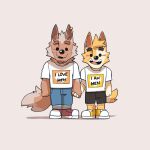  1:1 2024 anthro biped brown_body brown_fur canid canine canis chibi domestic_dog duo fur greyy hand_holding hi_res male mammal smile smiling_at_viewer standing wolf yellow_body yellow_fur 