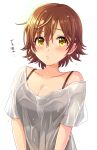  1girl :t absurdres black_camisole blush breasts brown_eyes brown_hair camisole cleavage collarbone highres honda_mio idolmaster idolmaster_cinderella_girls idolmaster_cinderella_girls_starlight_stage looking_at_viewer medium_breasts polka_dot popon_ta pout shirt short_hair short_sleeves simple_background single_bare_shoulder single_off_shoulder solo translated upper_body water_drop wet wet_clothes wet_hair wet_shirt white_background white_shirt 