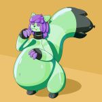  1:1 2021 animate_inanimate balloon_belly belly big_belly domestic_cat fangs felid feline felis glistening glistening_body gratisaritor green_belly green_tail hair hi_res inflatable latex_body living_inflatable male_(lore) mammal nox_(finalcord) nozzle nozzle_on_belly purple_hair purple_paws purple_sclera purple_teeth shadow tail teeth 