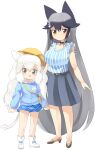  2girls aged_down animal_ear_fluff animal_ears black_choker blue_bow blue_shirt blue_skirt blush boots bow breasts choker commentary_request flat_chest footwear_bow fox_ears fox_girl full_body grey_eyes grey_footwear grey_hair grey_skirt hair_ornament hairclip hat high_heels highres kemono_friends kindergarten_uniform large_breasts lets0020 lion_ears lion_girl lion_tail long_hair long_sleeves looking_at_viewer medium_bangs multiple_girls open_mouth plaid plaid_skirt school_hat shirt short_sleeves silver_fox_(kemono_friends) simple_background skirt smile standing striped_clothes striped_shirt tail vertical-striped_clothes vertical-striped_shirt very_long_hair white_background white_footwear white_hair white_lion_(kemono_friends) white_shirt yellow_eyes yellow_hat 