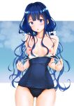  1girl absurdres adagaki_aki blue_eyes blue_hair blush bow breasts breasts_out collarbone cowboy_shot hair_bow highres letterboxed long_hair looking_at_viewer low_twintails masamune-kun_no_revenge nipples outside_border parted_lips ritsumama_2013 school_swimsuit small_breasts solo standing swimsuit twintails untied_swimsuit white_bow wispy_bangs 