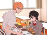  1boy 1girl absurdres black_hair bleach blurry blurry_background blush_stickers book bow bowtie brown_eyes chair classroom collared_shirt concentrating desk double-parted_bangs grey_jacket gwao_(_ul_13) hair_between_eyes highres indoors jacket kuchiki_rukia kurosaki_ichigo lips long_sleeves looking_at_another looking_down medium_hair on_chair open_book orange_hair parted_lips pen_holder purple_eyes red_bow red_bowtie school_chair school_desk school_uniform shirt short_hair short_sleeves sidelighting sitting spiked_hair upper_body v-shaped_eyebrows white_shirt window 