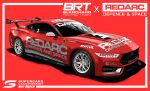  absurdres car ford ford_mustang highres motor_vehicle no_humans original race_vehicle racecar raffijoe5 red_background red_car red_theme spoiler_(automobile) sponsor 