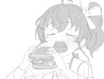  1girl ahoge bangs bare_shoulders blush burger cat_hair_ornament closed_eyes collarbone commentary_request food greyscale hair_between_eyes hair_ornament hands_up highres holding holding_food hololive monochrome natsuiro_matsuri okota_mikan open_mouth side_ponytail simple_background sketch solo teeth upper_body upper_teeth virtual_youtuber white_background 