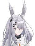 1girl animal_ears arknights closed_mouth commentary frostnova_(arknights) glaring grey_eyes grey_hair hair_ornament hair_over_one_eye hairclip highres long_hair looking_at_viewer mixed-language_commentary nemesis_gx one_eye_covered rabbit_ears rabbit_girl scar scar_on_face scar_on_nose simple_background solo split_mouth sweater turtleneck turtleneck_sweater upper_body white_background white_hair white_sweater 