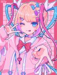  1girl :p absurdres artist_name blonde_hair blue_bow blue_eyes blue_hair bow bowtie cat_hair_ornament chouzetsusaikawa_tenshi-chan grid_background hair_bow hair_ornament hair_ribbon heart highres hood hoodie kyua_moto long_hair looking_at_viewer multicolored_hair needy_girl_overdose official_alternate_costume one_eye_closed outline pink_background pink_bow pink_bowtie pink_hair pink_hoodie pixel_art purple_bow quad_tails ribbon shirt sidelocks solo tongue tongue_out v white_outline white_ribbon white_shirt 