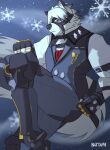  anthro battaph butler canid canine canis clothing cybernetic_leg cybernetic_limb harness hi_res kick male mammal mihoyo muscular muscular_male snow snowflake solo von_lycaon wolf zenless_zone_zero 