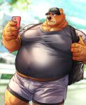 2024 anthro bear belly big_belly black_nose bottomwear brown_body brown_fur cellphone clothing electronics fur hat headgear headwear hi_res humanoid_hands kemono male mammal oaks16 overweight overweight_male phone shirt shorts smartphone solo topwear
