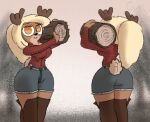  anthro antlers big_breasts blonde_hair boots bottomwear breasts cleavage clothed clothing deer denim eyelashes female footwear freckles front_view guak hair hi_res holding_object horn humanoid long_sleeves looking_at_viewer mammal model_sheet moose new_world_deer nora_ashford orange_eyes ponytail rear_view shorts smile solo tail thick_thighs wide_hips 