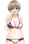  1girl absurdres bikini blue_bikini blue_eyes blush breasts cleavage collarbone commentary_request cowboy_shot fang hair_between_eyes hand_up highres large_breasts light_brown_hair looking_at_viewer navel open_mouth ritsumama_2013 short_hair simple_background smile solo swimsuit two-tone_bikini uzaki-chan_wa_asobitai! uzaki_hana white_background 