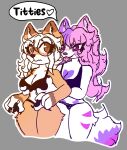  absurd_res anthro arlenne_(katgod101) blush bra breast_grab breast_squish breasts canid canine canis cleavage clothed clothing domestic_dog duo eyewear female female/female fennec_fox fox fur glasses hair hand_on_breast hi_res katgod101 lilith_(itsvalarie) looking_at_another mammal panties pink_body pink_fur pink_hair purple_body purple_fur purple_hair speech_bubble squish text true_fox underwear white_body white_fur white_hair 