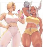  2girls abs absurdres animal_print arm_up artist_name bangs bare_arms bare_shoulders blonde_hair boku_no_hero_academia border bottle breasts bunny_print cowboy_shot dark-skinned_female dark_skin dumbbell hair_over_one_eye hand_on_hip headband highres holding large_breasts midriff mirko mossausage multiple_girls muscular muscular_female navel ong_eyelashes open_mouth pants parted_bangs rabbit_girl red_eyes shorts sports_bra sportswear teeth thick_thighs thighs tight tight_pants toned water_bottle weighing_scale white_background white_border white_hair white_pants white_sports_bra yellow_eyes yellow_shorts yellow_sports_bra 