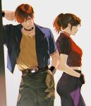  1boy 1girl belt_buckle black_collar black_gloves black_shirt black_wristband blue_eyes blue_jacket blue_pants breasts brown_hair buckle camouflage camouflage_pants choker claire_redfield closed_eyes collar crop_top cropped_vest gloves hair_between_eyes hand_in_own_hair highres jacket light_smile medium_breasts medium_hair midriff neekosiah one_eye_closed pants parted_bangs ponytail red_choker red_vest resident_evil resident_evil_-_code:_veronica shirt short_hair short_sleeves steve_burnside upper_body vest white_background yellow_shirt 