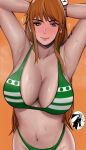  absurdres armpits arms_up blush breasts brown_eyes edmun highres huge_breasts lips long_hair looking_at_viewer nami_(one_piece) navel one_piece orange_background orange_hair presenting_armpit sanji_(one_piece) simple_background steam sweat tattoo very_long_hair 