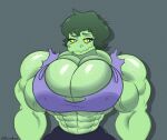  2024 abs anthro artist_name baryonyx biceps big_breasts big_muscles breasts cavemanon_studios cleavage clothed clothing digital_drawing_(artwork) digital_media_(artwork) dinosaur extinct eyelashes female freckled_breasts freckled_shoulders freckles green_body green_hair green_scales grey_background grey_eyes hair hi_res huge_breasts huge_muscles hyper hyper_muscles i_wani_hug_that_gator lerntern looking_at_viewer muscular muscular_anthro muscular_arms muscular_female nipple_outline olivia_halford prehistoric_species reptile scales scalie short_hair signature simple_background smile snout solo spinosaurid theropod torn_clothing torn_hoodie yellow_sclera 