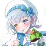  1girl absurdres bang_dream! bang_dream!_it&#039;s_mygo!!!!! blue_bow blue_eyes blue_sailor_collar blush bow commentary_request food food_on_face hat heterochromia highres holding holding_spoon kaname_raana looking_at_viewer official_alternate_hairstyle parfait sailor_collar shirt short_sleeves short_twintails simple_background solo spoon twintails upper_body utensil_in_mouth white_background white_garand white_hair white_hat white_shirt yellow_eyes 
