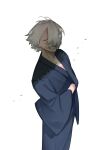  1boy blue_kimono closed_mouth cowboy_shot facing_viewer floating_hair gegege_no_kitarou grey_hair grin highres japanese_clothes kimono long_sleeves male_focus medama_oyaji medama_oyaji_(human) short_hair simple_background smile solo standing white_background wide_sleeves zzb_azz 