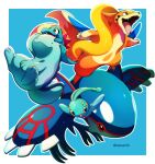  black_sclera blue_background border closed_mouth colored_sclera commentary_request fang floatzel highres jacknaiff kyogre manaphy no_humans outline pokemon pokemon_(creature) quagsire smile totodile twitter_username white_border yellow_eyes 