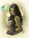  1girl abs bare_arms bare_shoulders biceps black_hair breasts brick_wall broad_shoulders broken_wall clenched_hand colored_skin covered_abs fingerless_gloves gloves green_skin highres homare_(fool&#039;s_art) large_breasts lips long_hair marvel muscular muscular_female purple_eyes she-hulk signature smile speech_bubble wall 