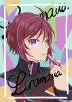  1girl absurdres ahoge applying_makeup character_name commentary_request compass_uniform gundam gundam_seed gundam_seed_freedom highres lipstick looking_at_viewer lunamaria_hawke makeup military_uniform purple_eyes red_hair red_uniform short_hair smile uniform user_kunf8626 