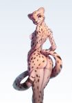  animal_print anthro black_nose breasts butt cheetah cheetah_print eyebrows felid feline female fur hand_on_hip hi_res long_tail looking_at_viewer looking_back mammal markings nude orange_eyes pinup pose samira_(norathesexplorer) short_ears simple_background smile smiling_at_viewer solo spots spotted_body spotted_fur spotted_markings spotted_tail standing tail_markings yorzis 