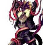  anthro bandai_namco beelzemon belt blonde_hair clothing demon digimon digimon_(species) hair hi_res humanoid jacket leather leather_clothing leather_jacket leather_topwear male mask restrained restrained_by_tentacles rode3434 slime solo tentacles tentacles_on_male topwear 