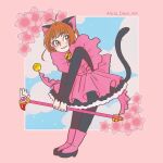  1girl alicia_rose animal_ears antenna_hair artist_name bell cardcaptor_sakura cherry_blossoms cloud dress english_commentary fake_animal_ears fake_tail frilled_dress frills full_body holding holding_wand jingle_bell kinomoto_sakura light_brown_hair long_sleeves looking_to_the_side pink_dress pink_footwear short_hair smile solo tail wand 