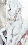  1girl a.k.i._(street_fighter) back haramaru0719 highres impossible_hair looking_at_viewer mole mole_under_mouth nude red_eyes scar short_hair smile solo street_fighter street_fighter_6 towel wet 