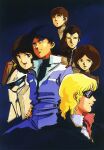  1980s_(style) 2girls 4boys amuro_ray blonde_hair bright_noa emma_sheen fa_yuiry gundam highres ink_(medium) kamille_bidan key_visual mecha mikimoto_haruhiko military military_uniform mobile_suit mullet multiple_boys multiple_girls official_art promotional_art quattro_bajeena retro_artstyle robot scan science_fiction sunglasses traditional_media uniform zeta_gundam zeta_gundam_(mobile_suit) 