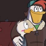  2022 anatid anseriform anthro avian beak beargarbage bird black_eyes blush brown_clothing brown_jacket brown_topwear clothing digital_media_(artwork) disney donald_duck duck ducktales ducktales_(2017) duo feather_hair feathers furniture green_clothing green_hat green_headwear green_shirt green_topwear grey_clothing grey_hoodie grey_topwear hair half-closed_eyes hand_on_arm hat headgear headwear hi_res hoodie inside jacket launchpad_mcquack looking_at_another love male male/male mammal multicolored_clothing multicolored_jacket multicolored_topwear narrowed_eyes on_sofa orange_beak orange_hair pseudo_hair shirt sitting sitting_on_sofa smile sofa topwear two_tone_hat white_body white_feather_hair white_feathers white_hair 