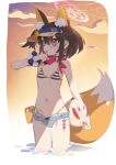  1girl animal_ear_fluff animal_ears bikini blue_archive blush breasts brown_hair cowboy_shot extra_ears fox_ears fox_tail grey_shorts halo highres izuna_(blue_archive) izuna_(swimsuit)_(blue_archive) navel nemo_(leafnight) official_alternate_costume open_mouth pink_halo pink_scarf scarf short_hair short_shorts shorts small_breasts solo striped_bikini striped_clothes swimsuit tail yellow_eyes 