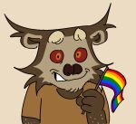  2024 anthro binturong biped brown_body brown_clothing brown_fur brown_shirt brown_topwear clothing flag flag_(object) fur ganii grey_body grey_fur holding_flag holding_object icon lgbt_pride looking_at_viewer male mammal orange_eyes pride_colors red_sclera shirt solo topwear viverrid 