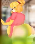  animal_crossing anthro artist_name belly big_belly big_breasts bloated blush bottomwear breasts butt canid canine canis clothed clothing digital_media_(artwork) domestic_dog fart fart_cloud fart_fetish female frown fur hair isabelle_(animal_crossing) logo mammal motion_lines nintendo overweight overweight_female rumbling_stomach shih_tzu solo tail text toy_dog unlucky_fella yellow_body yellow_fur 
