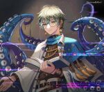 1boy arthropod_boy bangs blonde_hair book closed_mouth commentary_request earrings hair_between_eyes hc_(razel1) highres holding holding_book ike_eveland indie_virtual_youtuber jewelry long_sleeves looking_at_viewer male_focus monster_boy nijisanji nijisanji_en octopus_boy open_book signature simple_background smile solo tentacles virtual_youtuber yellow_eyes 