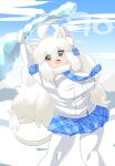  1girl animal_ear_fluff animal_ears arms_up blue_necktie blue_skirt blue_sky blush breasts buttons cloud club_(weapon) commentary_request day elbow_gloves feet_out_of_frame fur_collar gloves grey_eyes hair_between_eyes highres holding holding_club holding_weapon ice kemono_friends large_breasts lets0020 lion_ears lion_girl lion_tail long_bangs long_hair looking_at_viewer miniskirt necktie numbered open_mouth outdoors pantyhose plaid plaid_necktie plaid_skirt pleated_skirt shirt short_sleeves skirt sky smile solo standing tail weapon white_gloves white_hair white_lion_(kemono_friends) white_pantyhose white_shirt 