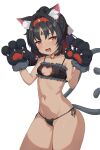  1girl absurdres animal_hands bell black_fur black_hair black_panties blush breasts cat_lingerie cat_paws cat_tail cleavage commentary dark_skin dot_nose drooling fake_claws hair_intakes hairband highres jingle_bell long_hair looking_at_viewer meme_attire n3moni neck_bell nekomiya_mana open_mouth panties red_eyes red_hairband simple_background small_breasts smile solo tail tan underwear white_background zenless_zone_zero 