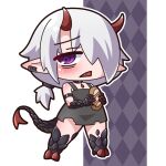  1girl absurdres argyle_background black_collar bread chibi collar commentary_request dragon_girl dragon_horns dragon_tail dress ear_piercing fang food full_body grey_background grey_dress grey_hair hair_over_one_eye highres holding holding_food horns low_ponytail open_mouth original outline piercing pointy_ears ponytail purple_eyes saishosaisekojo scales sleeveless sleeveless_dress solo standing tail torn_clothes torn_dress white_background white_outline 