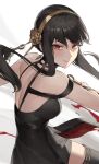  1girl absurdres bangs bare_shoulders belt black_hair blood breasts cotta_(heleif) eyebrows_hidden_by_hair hairband highres holding holding_weapon incoming_attack long_hair looking_at_viewer off_shoulder red_eyes skirt sleeveless smile solo spy_x_family twintails weapon yor_briar 