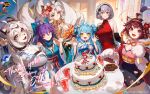  6+girls absurdres ahoge animal_ears animal_hands anniversary bikini black_gloves black_hairband black_skirt blue_bow blue_flower blue_kimono blush bow breasts brown_hair cake cat_ears cat_girl cat_tail cleavage cocktail_dress commentary confetti cookie cup dress english_commentary eve_krist flower food fox_ears fox_girl fox_tail furry furry_female gloves grey_hair grin hair_between_eyes hair_bow hair_flower hair_intakes hair_ornament hair_stick hairband hannah_(mahjong_soul) highres holding holding_flower ichihime indoors japanese_clothes juice kimono kitsune large_breasts lin_lang long_bangs looking_at_viewer mahjong_soul mahjong_tile mahjong_tile_hair_ornament medium_bangs medium_breasts multiple_girls multiple_tails obi official_art official_wallpaper open_mouth orange_bow paw_gloves pink_eyes purple_hair ransei_(mahjong_soul) red_dress red_eyes red_flower sash short_hair skirt sleeveless sleeveless_dress small_breasts smile srro_yo strapless strapless_dress swimsuit tail tiger_ears tiger_girl tojo_kurone two_side_up upper_body white_bikini 