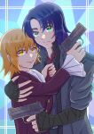  1boy 1girl absurdres arm_around_shoulder ascot athrun_zala blonde_hair blue_eyes cagalli_yula_athha couple green_eyes grey_jacket gun gundam gundam_seed gundam_seed_freedom hand_on_another&#039;s_shoulder highres holding holding_gun holding_necktie holding_weapon jacket looking_at_viewer necktie pant_suit pants red_necktie short_hair smile suit user_kunf8626 weapon white_ascot yellow_eyes 